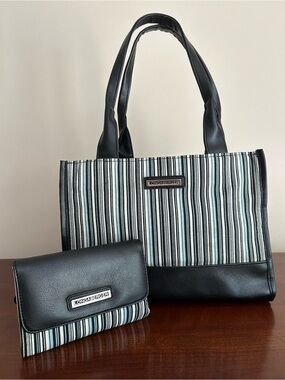 Longaberger Homestead blue striped tote purse with tri fold wallet